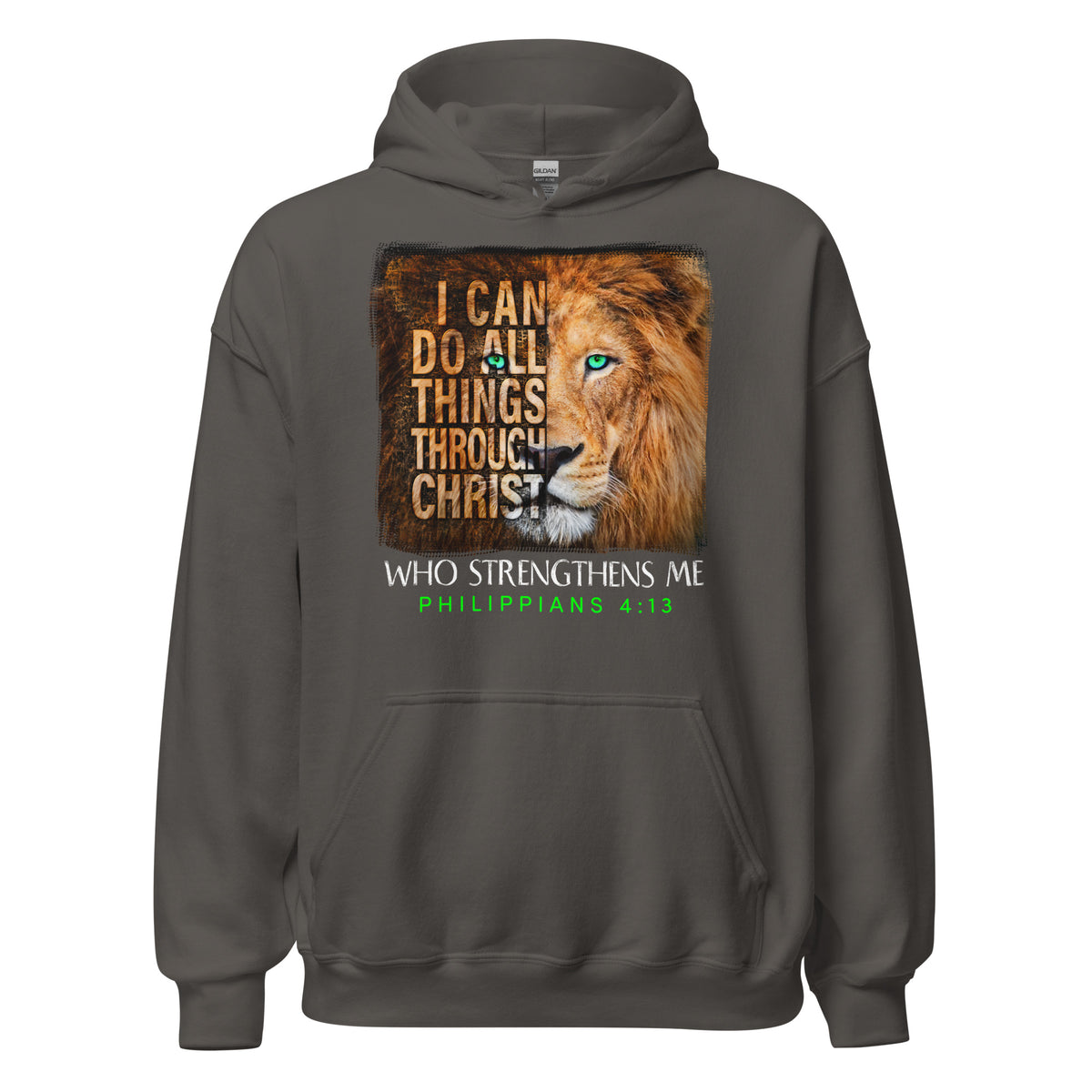 Front view of charcoal hoodie with golden lion and Philippians 4:13 design.
