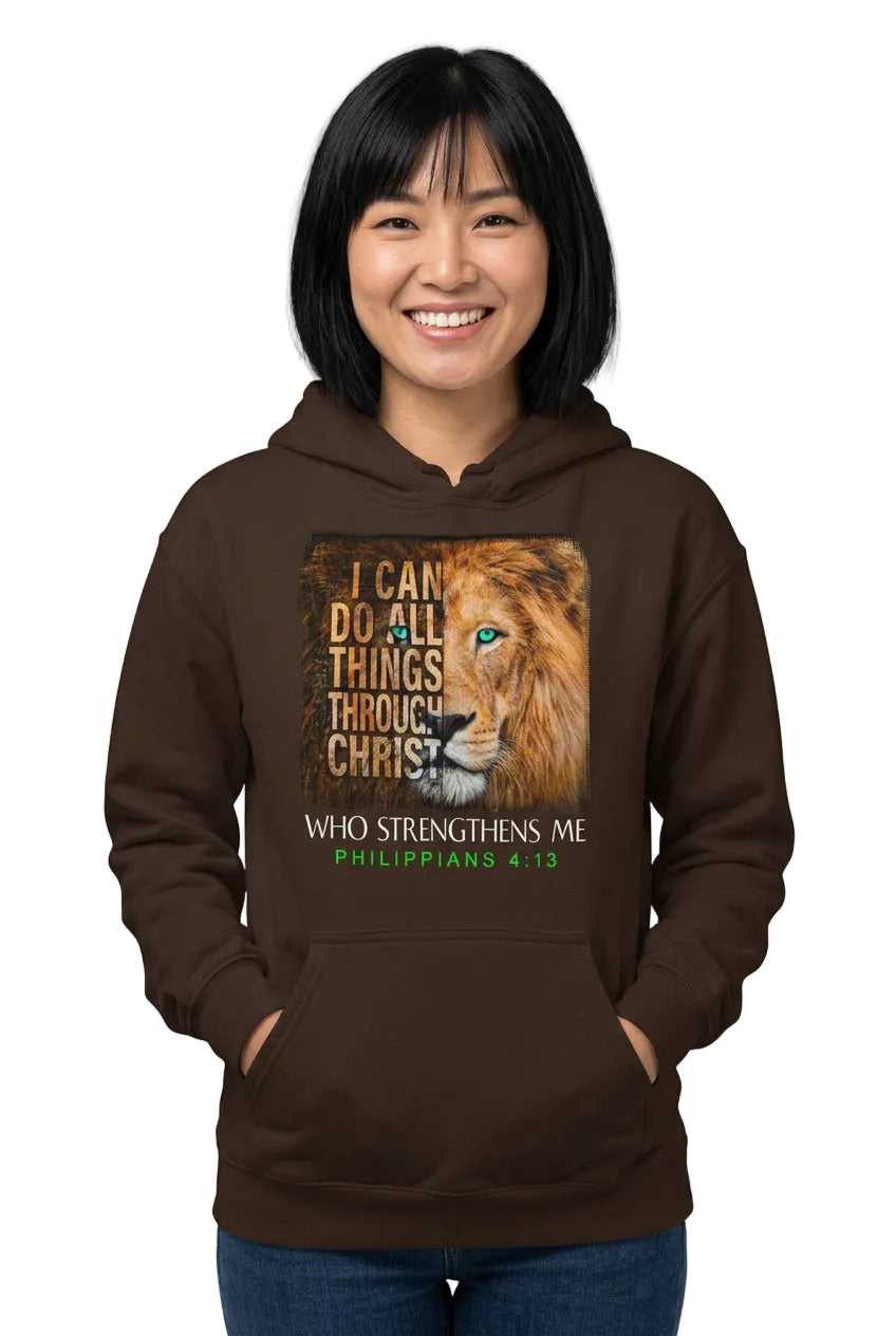 Model wearing a dark chocolate Philippians 4:13 lion hoodie with hands in the front pocket.