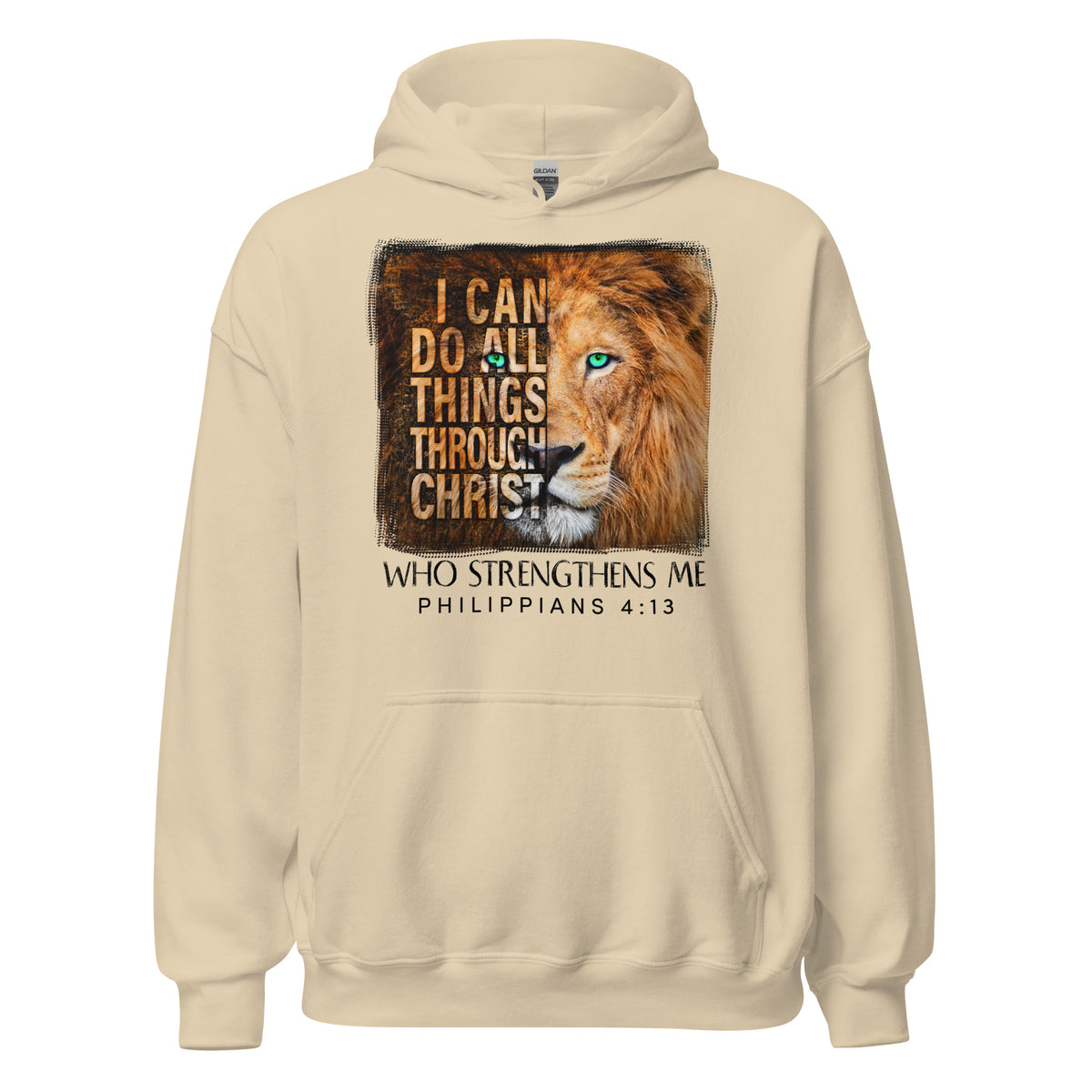Front view of sand hoodie with golden lion and Philippians 4:13 design.