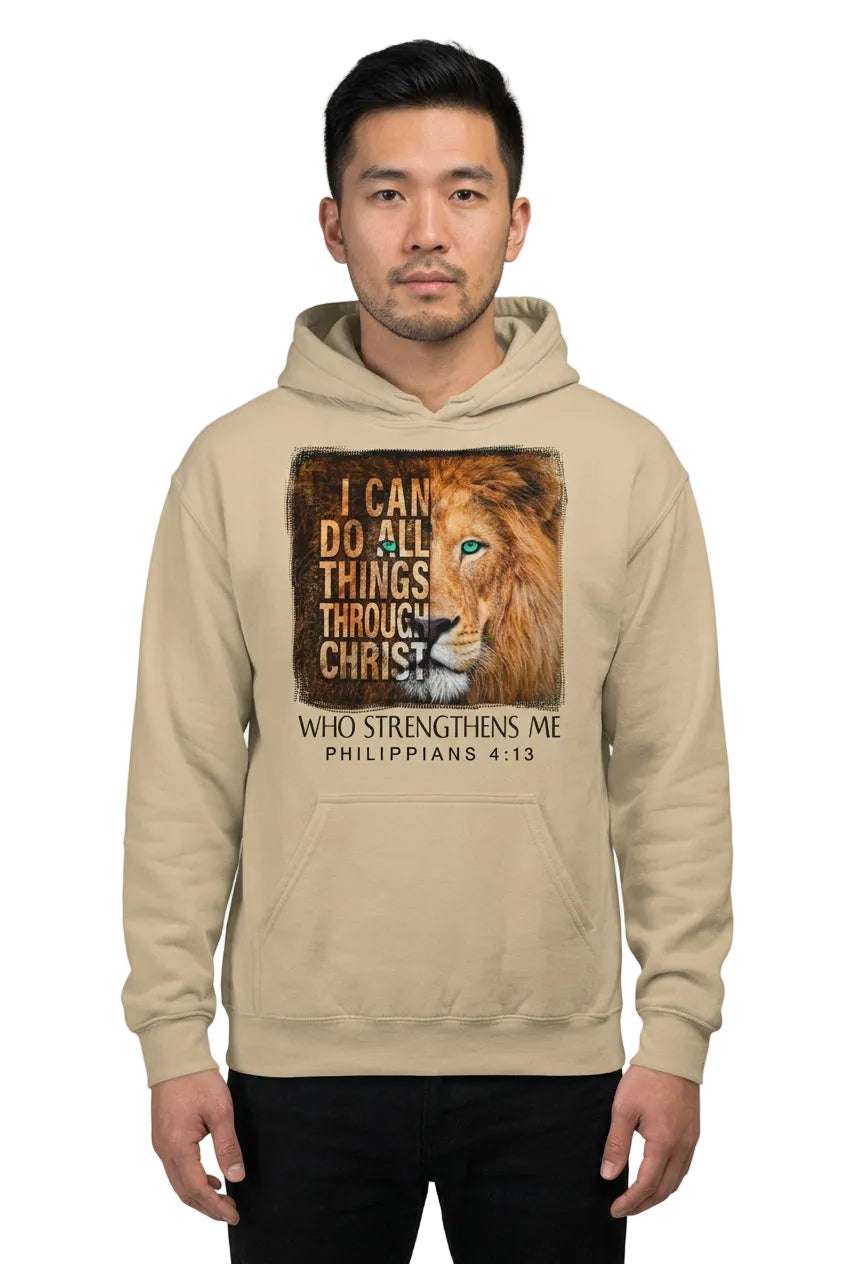 Model wearing a sand hoodie with golden lion artwork and Philippians 4:13 lettering.