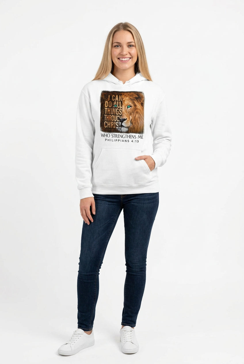 Full-length view of model wearing a white Philippians 4:13 lion hoodie with dark jeans and white shoes.