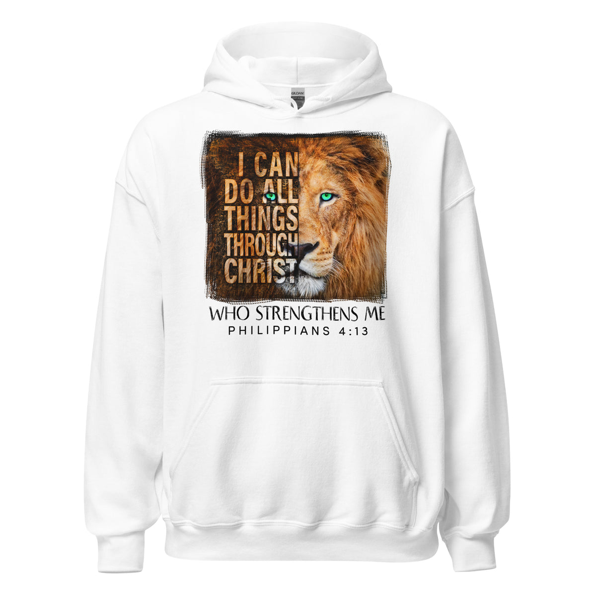 Front view of white hoodie with golden lion and Philippians 4:13 design.