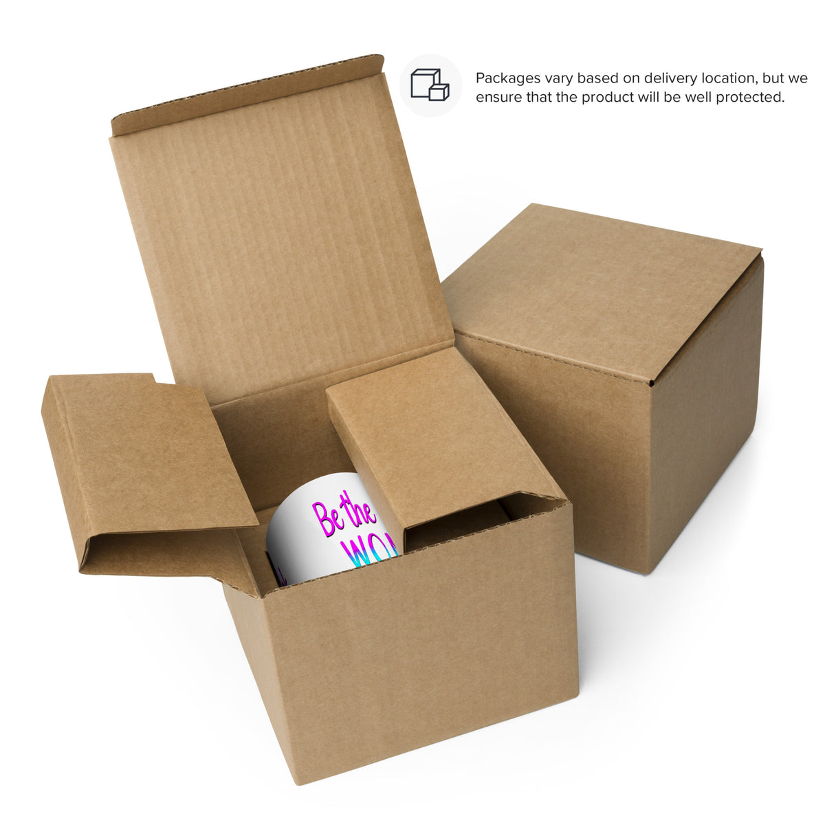 White Be the Kind of Woman mug inside an open cardboard shipping box beside a closed box