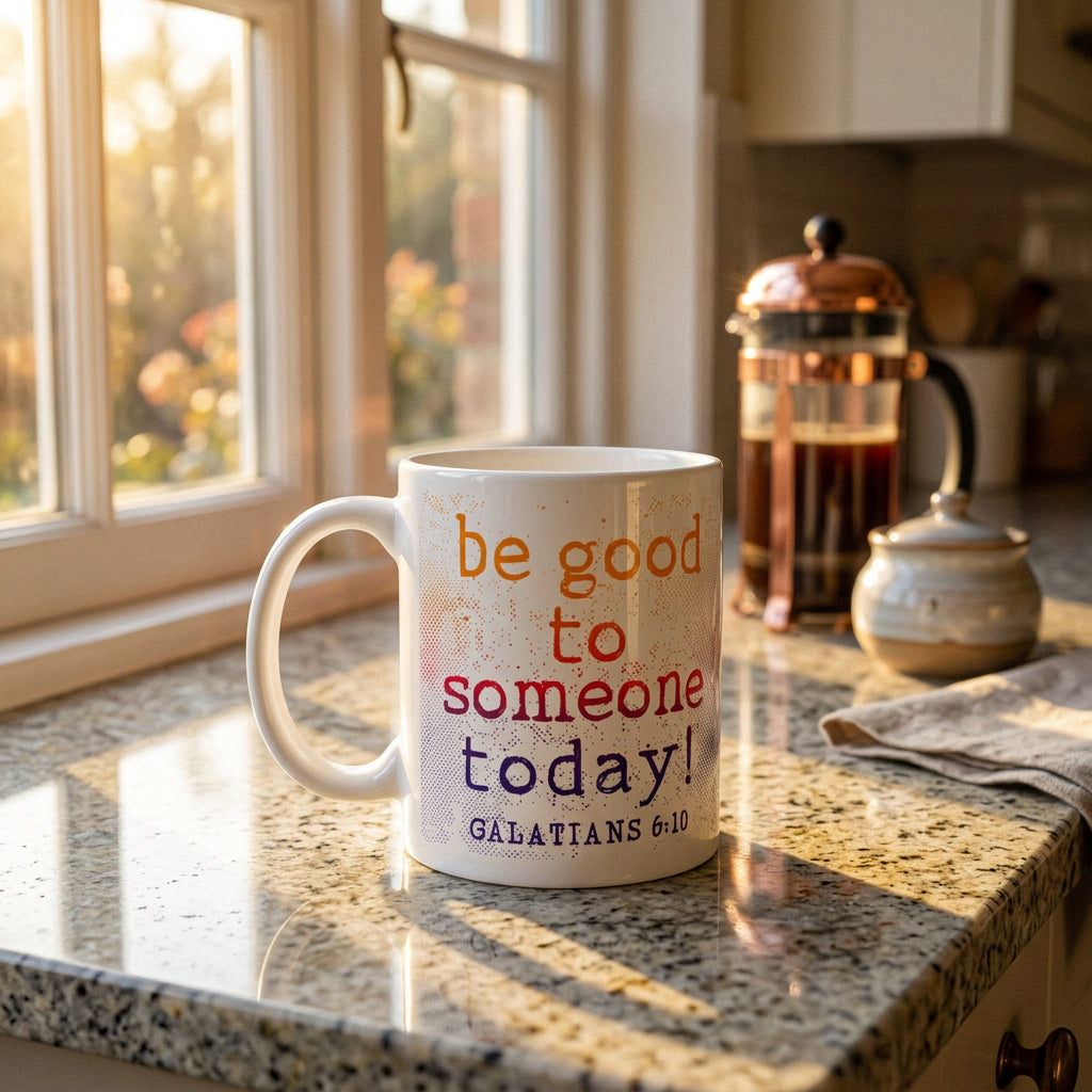 White Be Good to Someone Today mug on a sunlit kitchen counter beside a French press