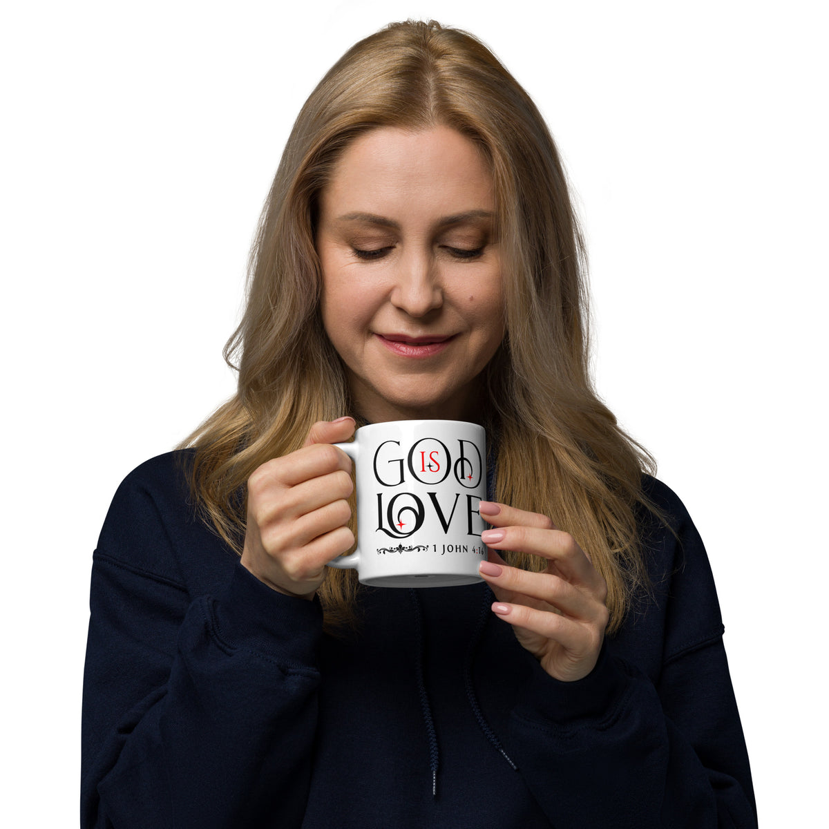 Woman holding a white God Is Love 1 John 4:16 mug with both hands