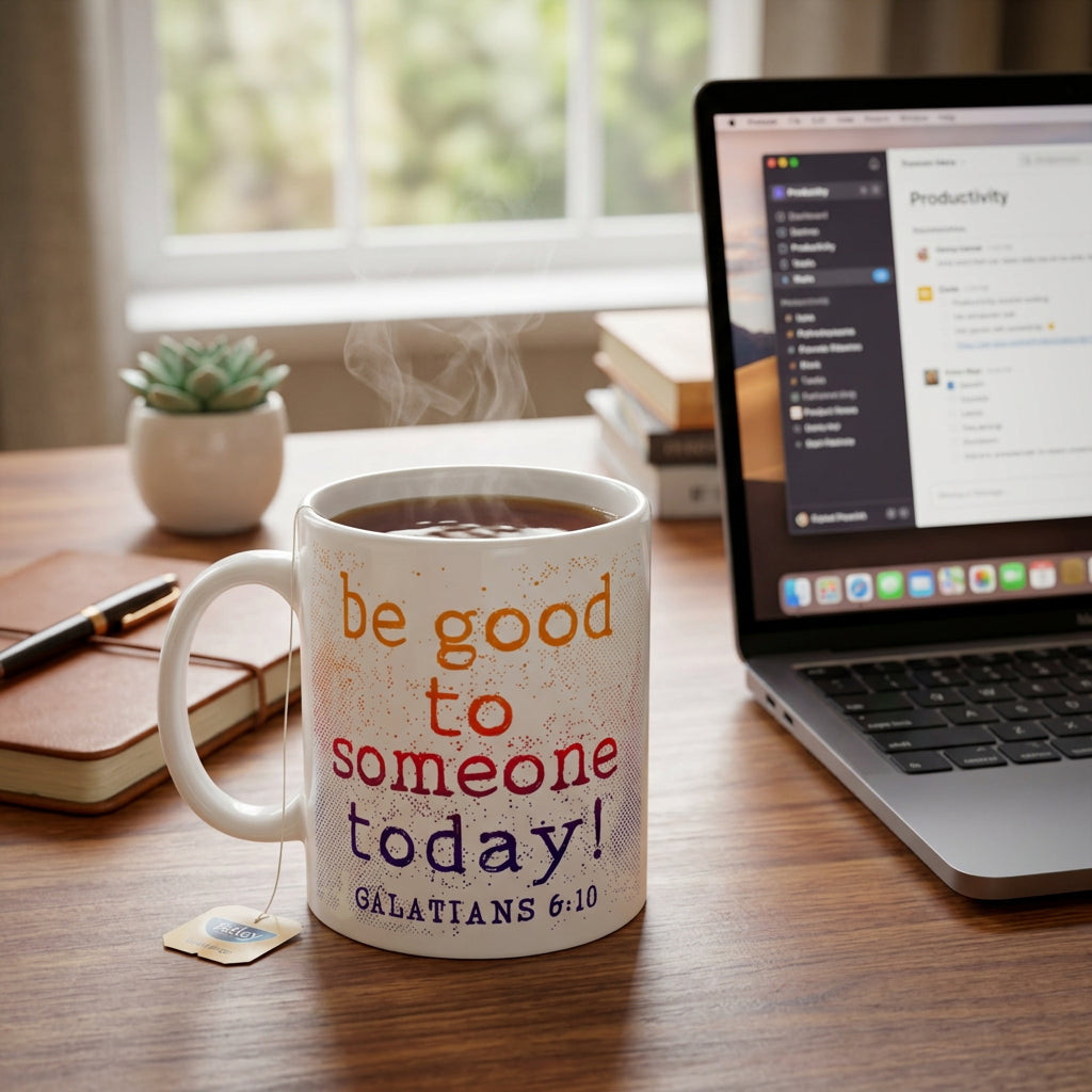 White Be Good to Someone Today mug with steaming tea beside a laptop and notebook