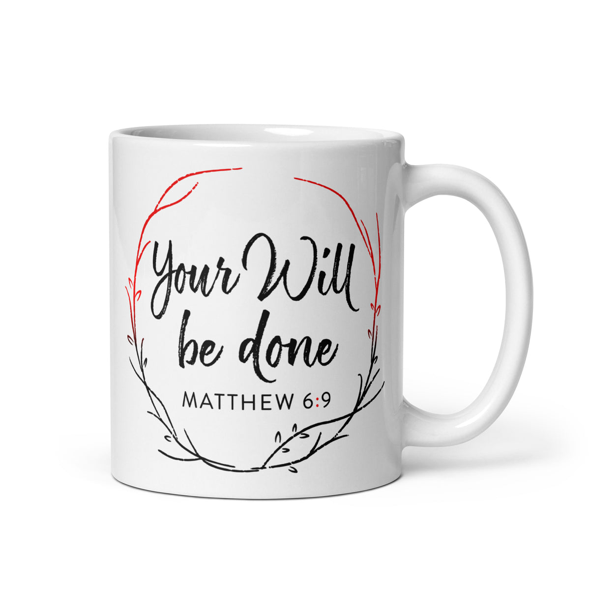 White 11 oz Your Will Be Done wreath mug, handle on the right
