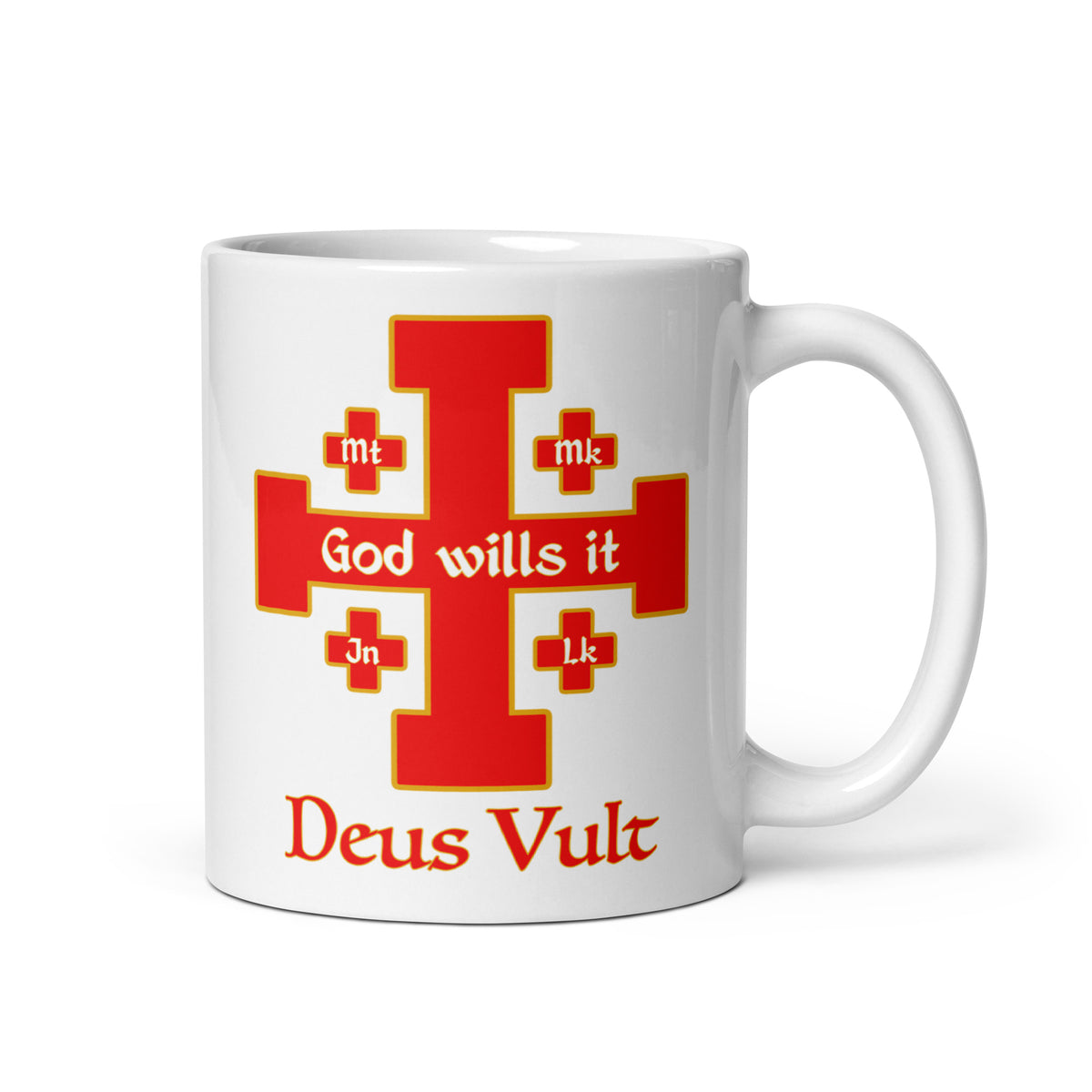 . White 11 oz God Wills It Deus Vult cross mug, handle on the right
