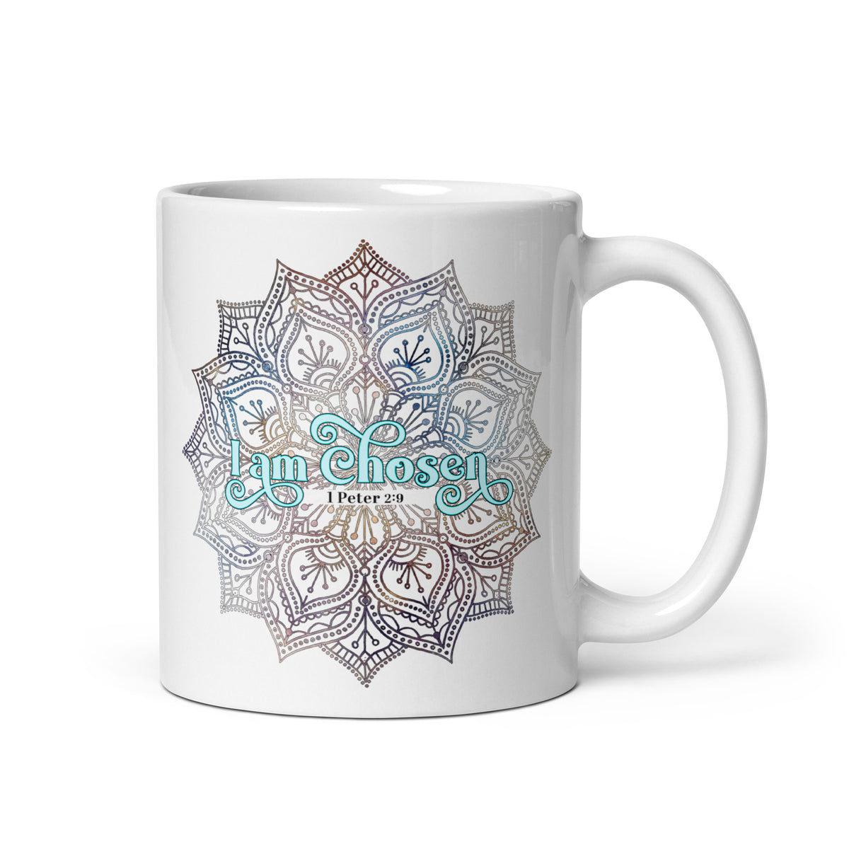 White glossy 11 oz mug with the I Am Chosen 1 Peter 2:9 design, handle on the right