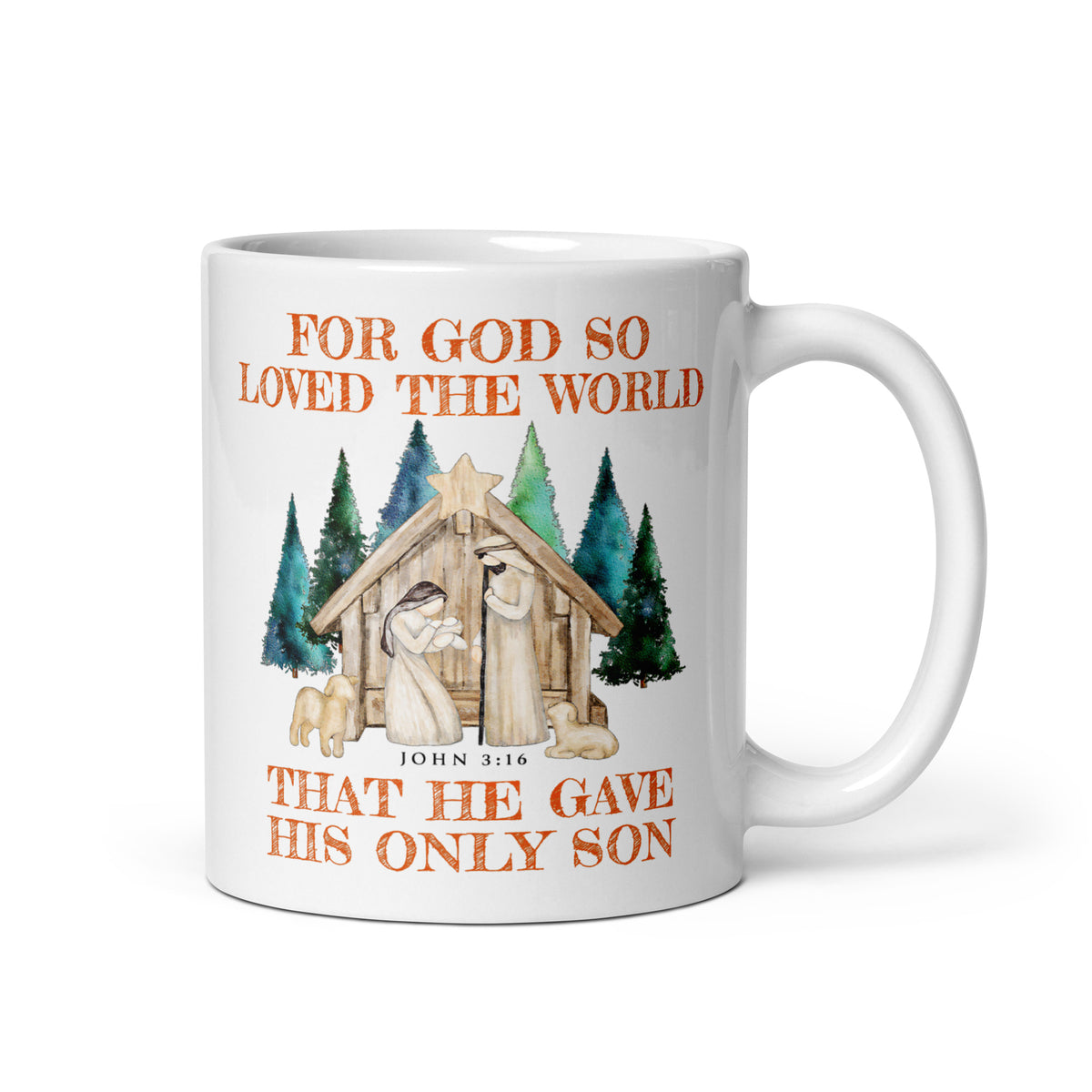 White mug with For God So Loved The World wording and a Christmas nativity scene, handle on the right