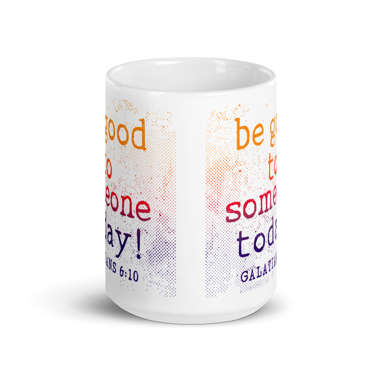 Side view of white Galatians 6:10 mug showing colorful kindness designs on both sides