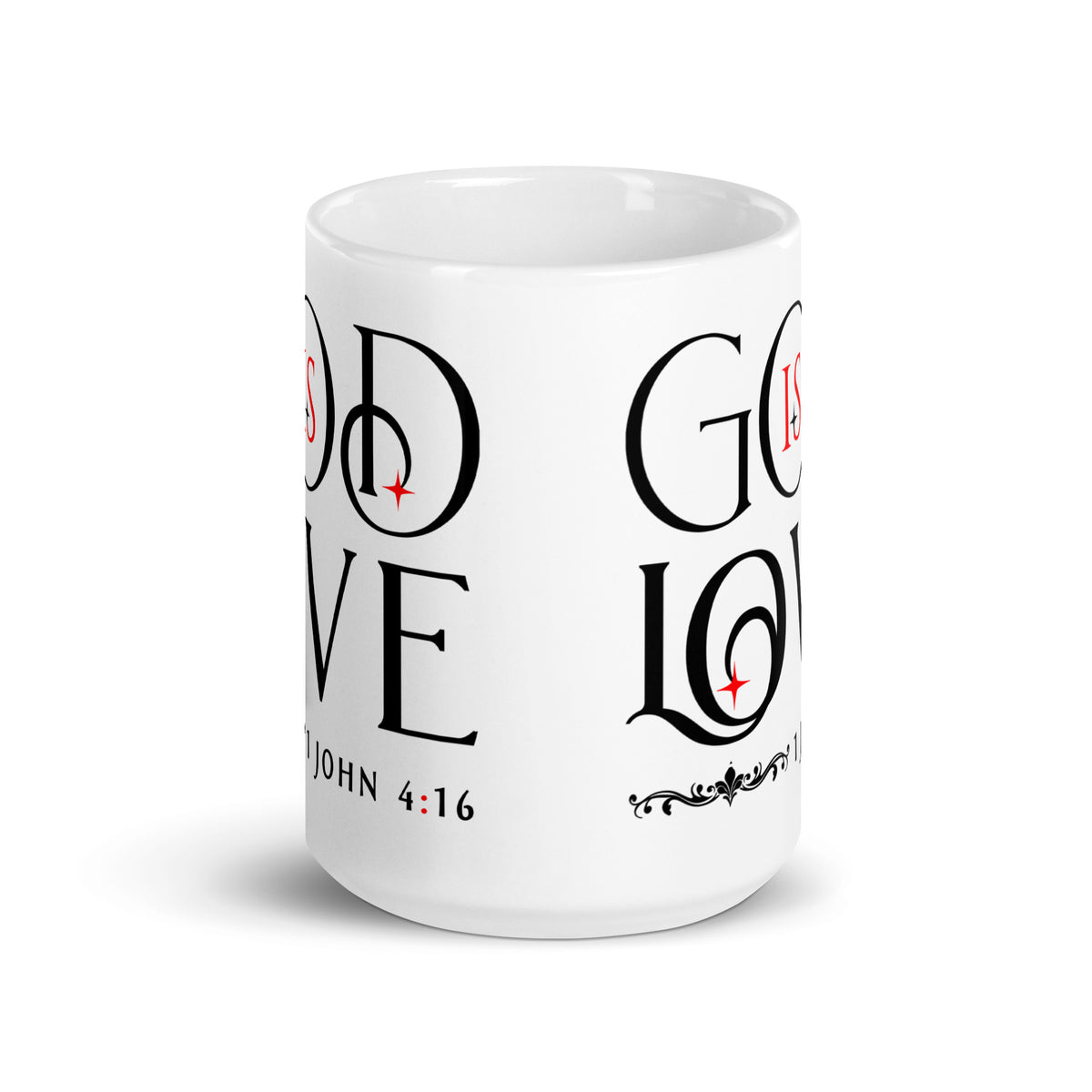 Side view of a white mug showing the repeated God Is Love design and 1 John 4:16 reference