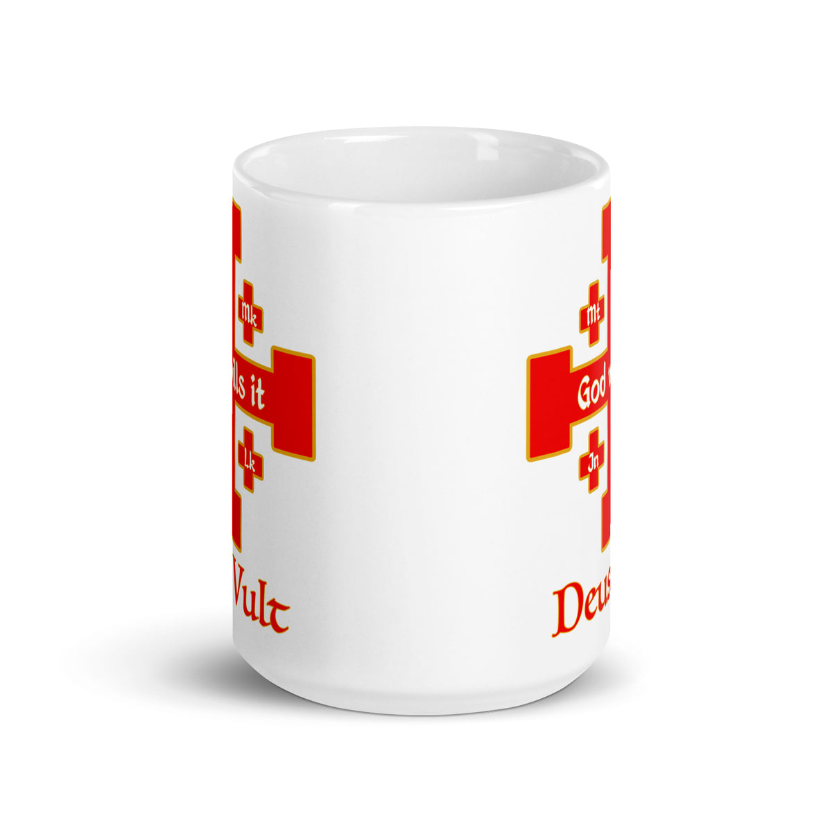  Side view of a white mug showing the edges of the Deus Vult cross design