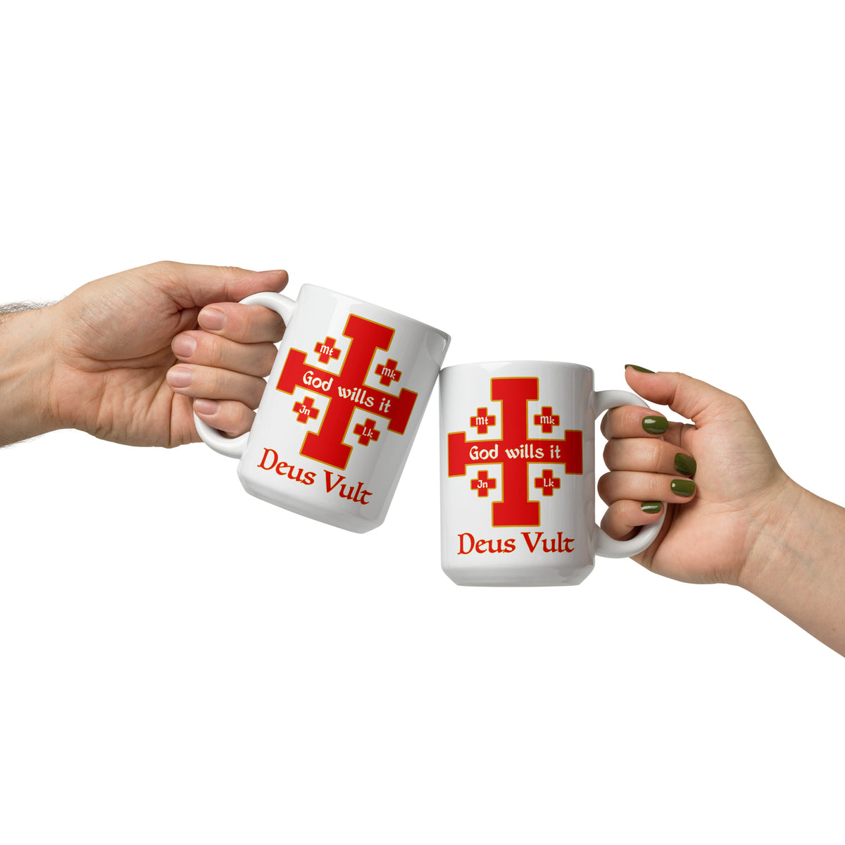 Two hands bringing white Deus Vult cross mugs together for a toast