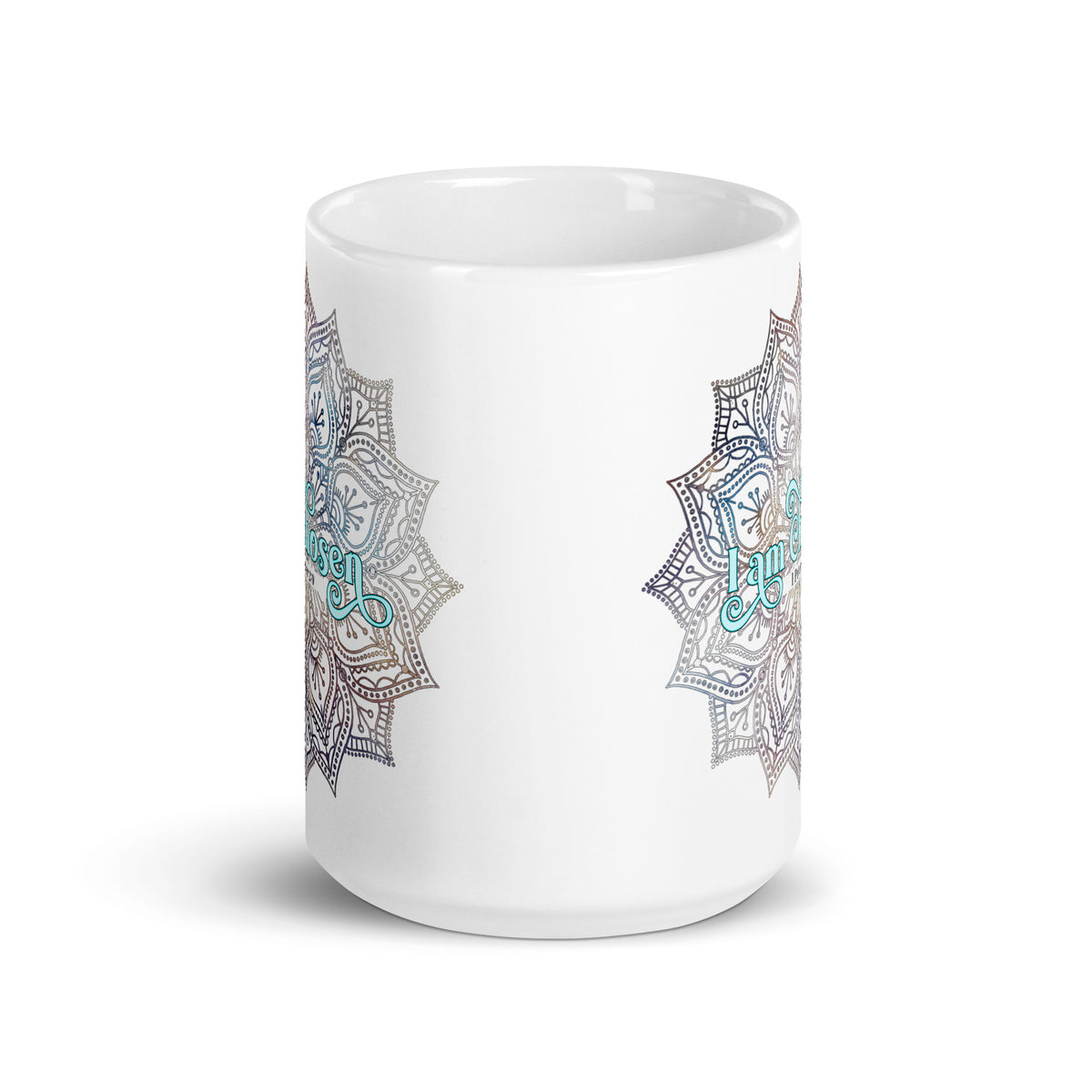 Side view of White glossy 15 oz mug with the I Am Chosen 1 Peter 2:9 design