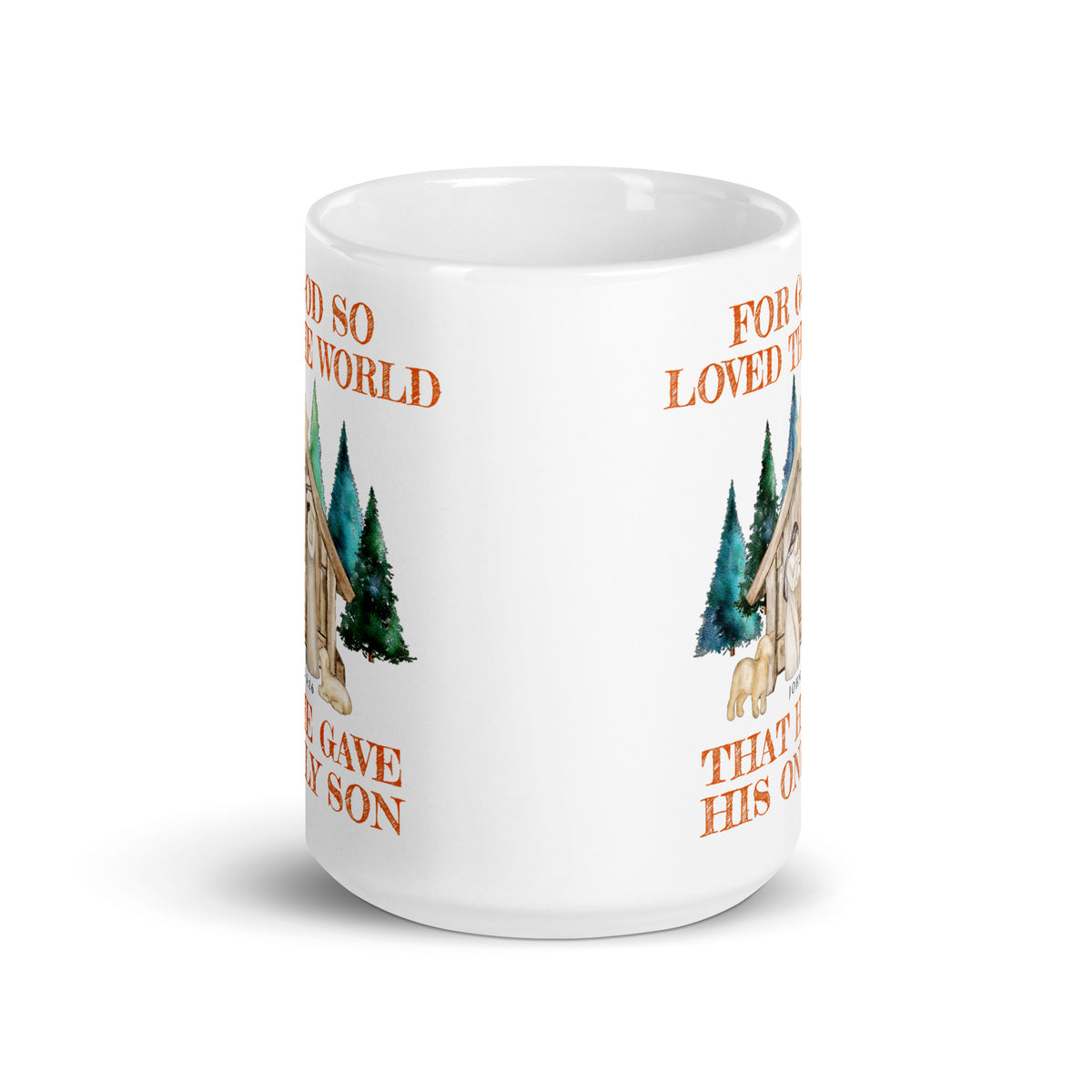 White mug showing the gap between repeated John 3:16 nativity designs
