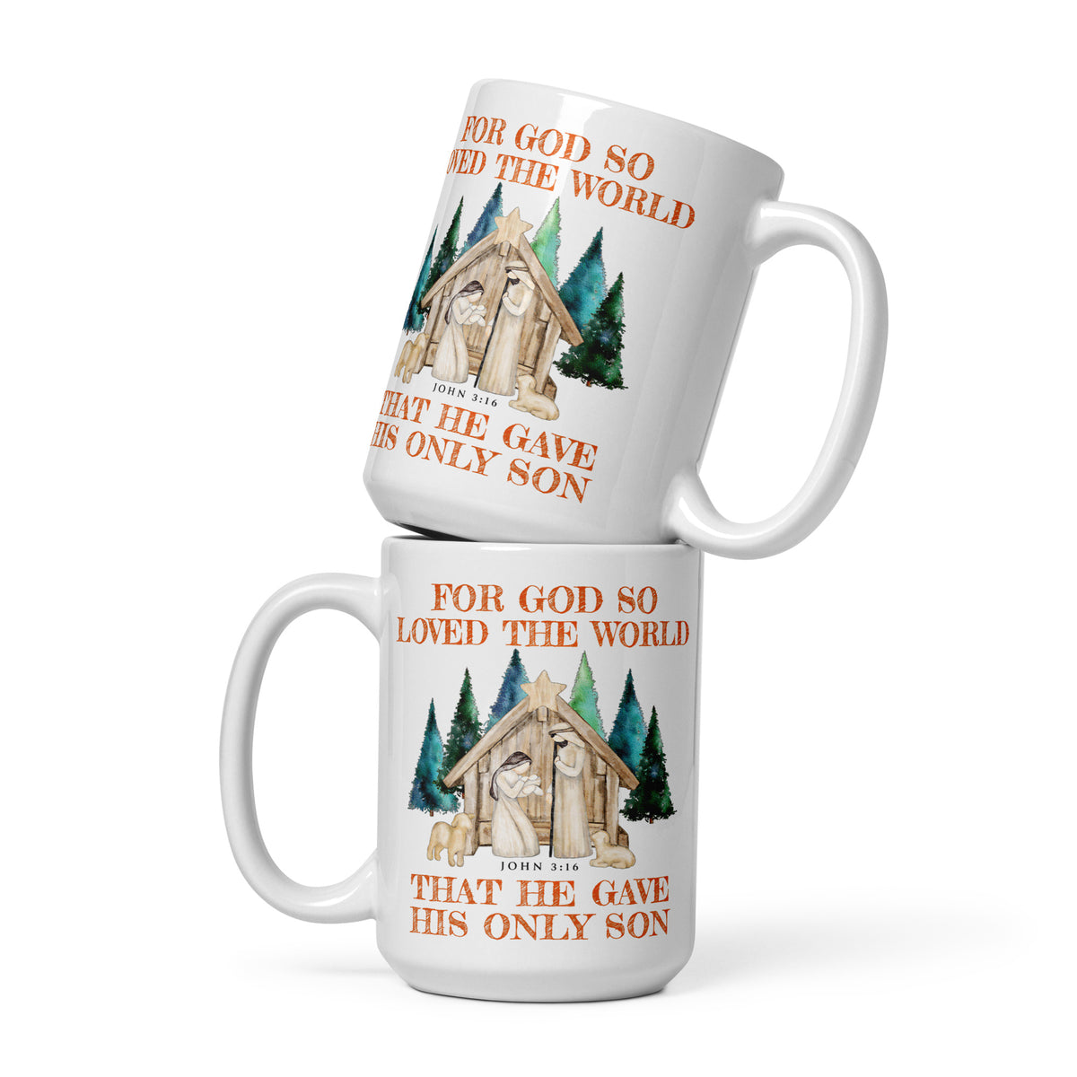 Two stacked white John 3:16 nativity Christmas mugs, upper handle on the right and lower handle on the left