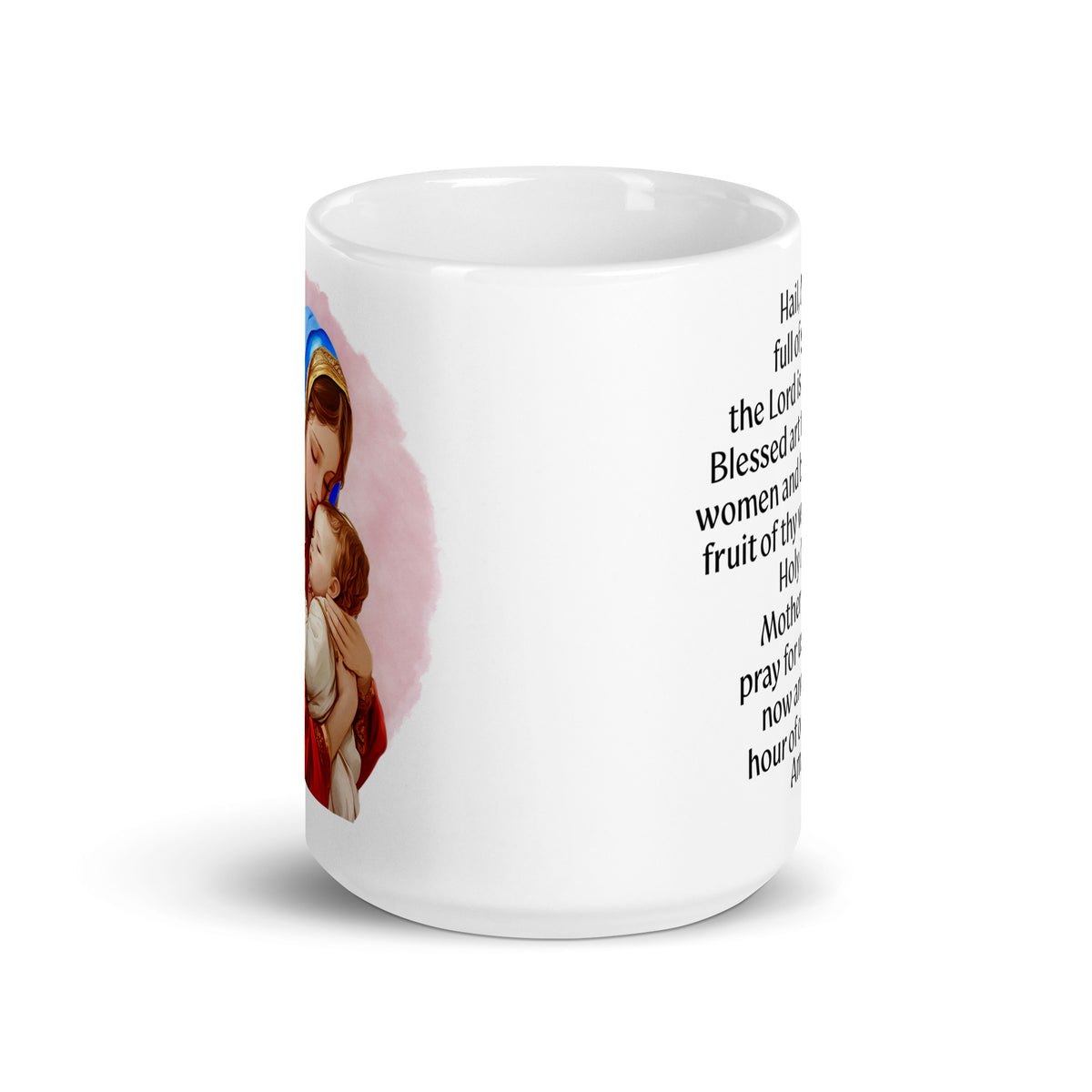 Side view of a white mug showing portions of the Mary and Jesus portrait and Hail Mary prayer