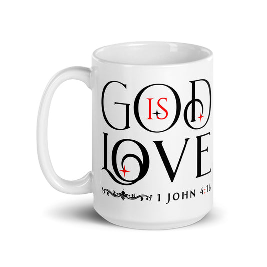 White God Is Love 1 John 4:16 mug with black lettering and red accents, handle on left