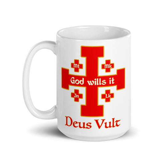 White Deus Vult mug with a red and gold cross and God wills it lettering, handle on the left