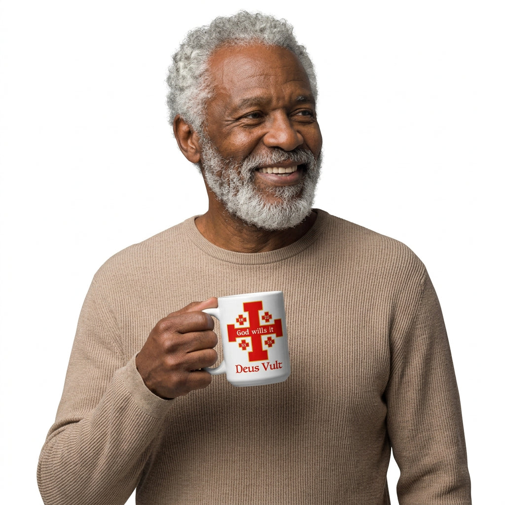 Man in a beige sweater holding a white God Wills It Deus Vult mug
