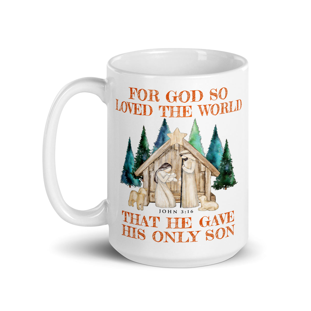 White Christmas mug with John 3:16 wording, nativity scene and evergreen trees, handle on the left