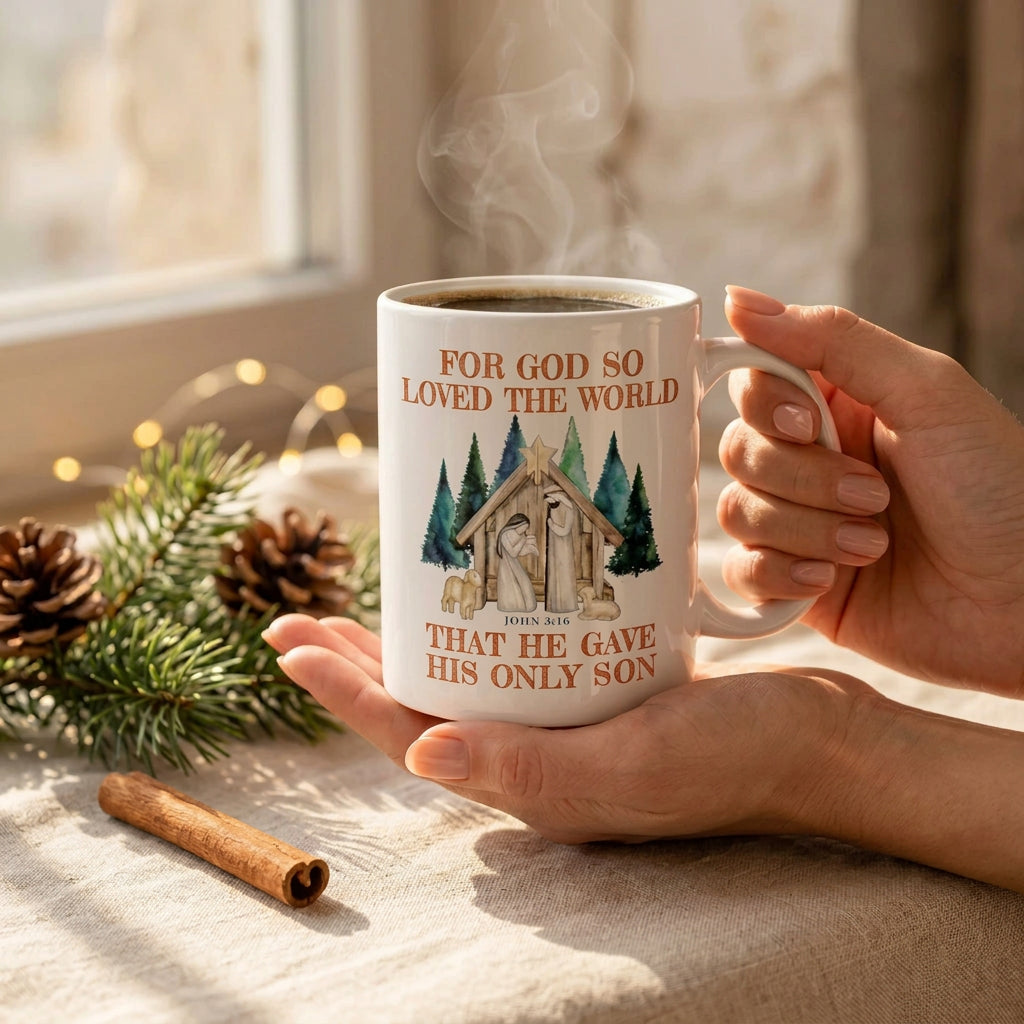Hands holding a steaming John 3:16 nativity mug beside a window with evergreen branches and cinnamon, handle on the right