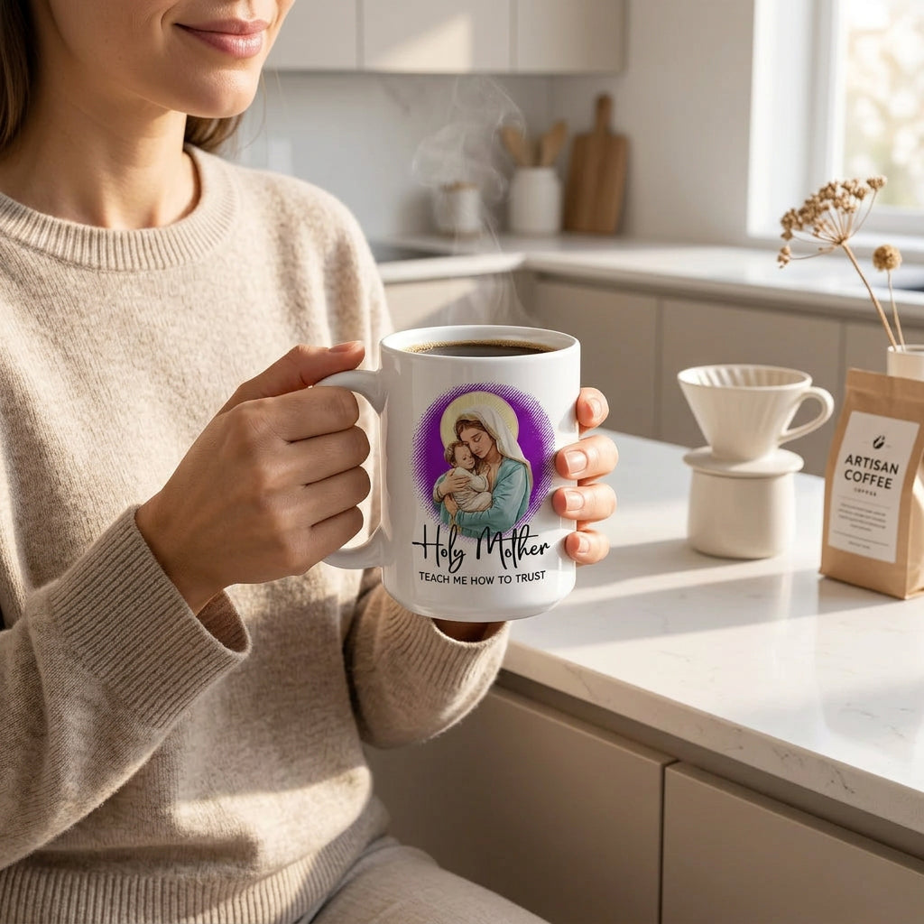 Woman in a beige sweater holding a white Mary and Jesus mug filled with coffee in a sunlit kitchen, handle on the left