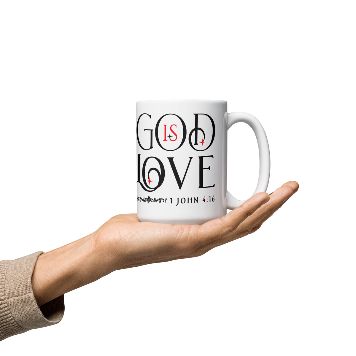 Two hands holding white God Is Love 1 John 4:16 mugs together