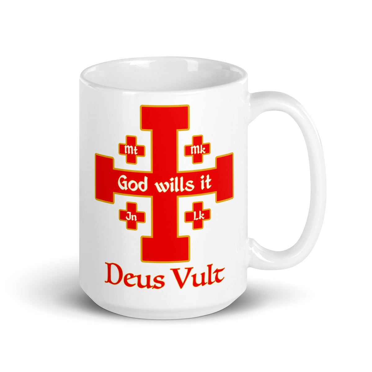 White Deus Vult mug with a red and gold cross, handle on the right