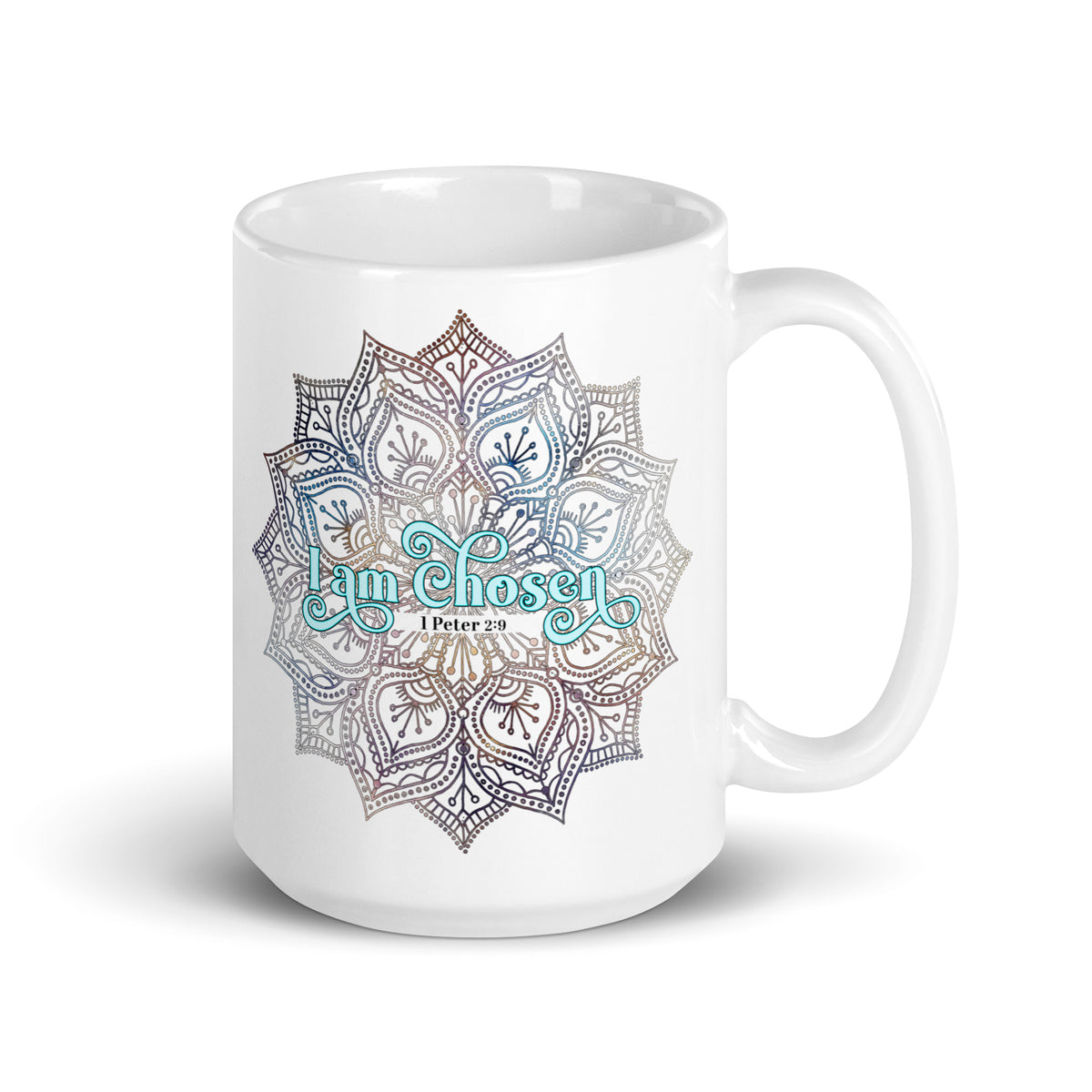 White glossy 15 oz mug with the I Am Chosen 1 Peter 2:9 design, handle on the right
