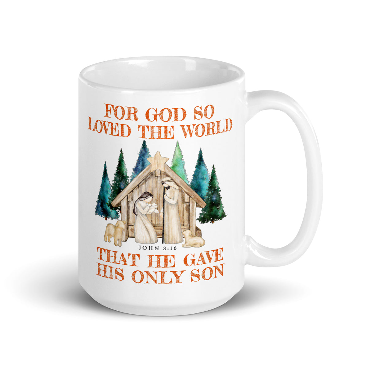 Angled white John 3:16 Christmas mug with nativity scene and evergreen trees, handle on the right