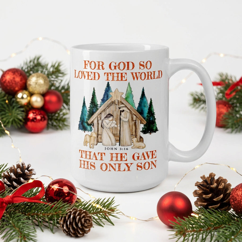 White John 3:16 nativity mug surrounded by red and gold ornaments, pinecones and string lights, handle on the right
