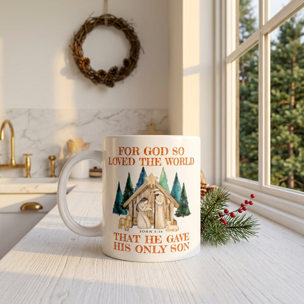 White John 3:16 Christmas mug on a kitchen counter beside evergreen sprigs and red berries, handle on the left