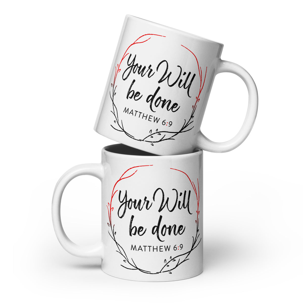 Two white Your Will Be Done wreath mugs stacked at an angle