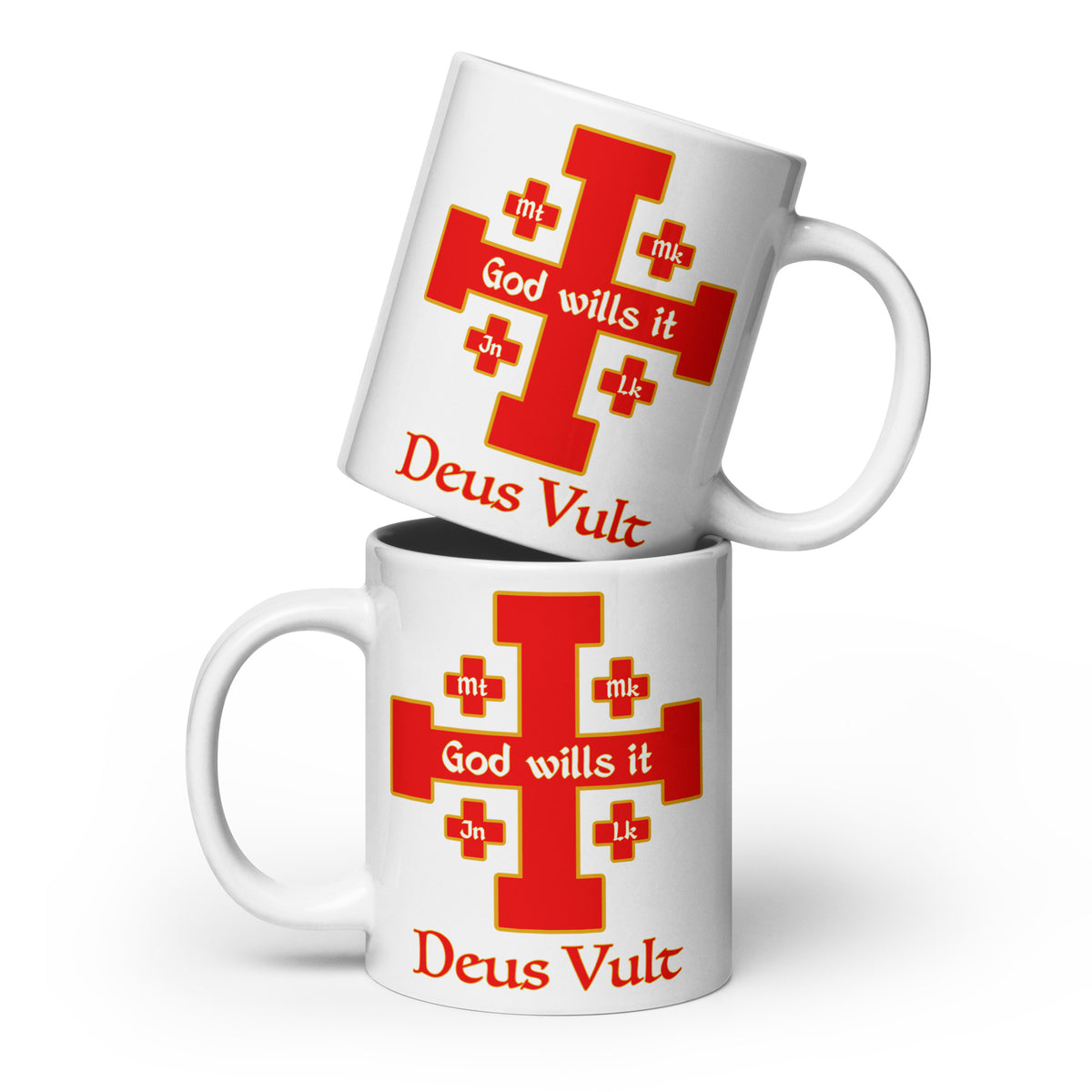 Two white God Wills It Deus Vult cross mugs stacked at an angle