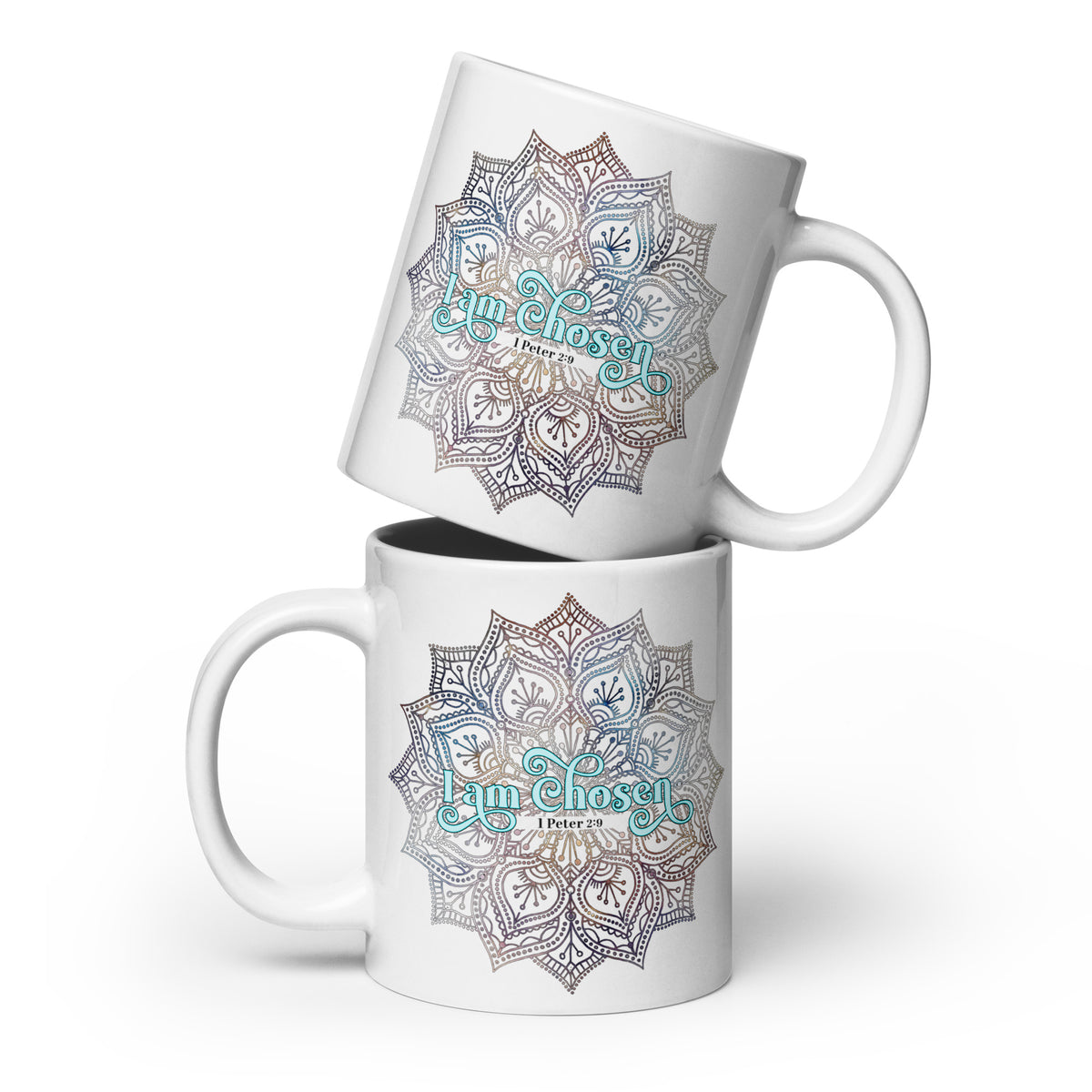 Two 20 oz mug stacked up with the I Am Chosen 1 Peter 2:9 design