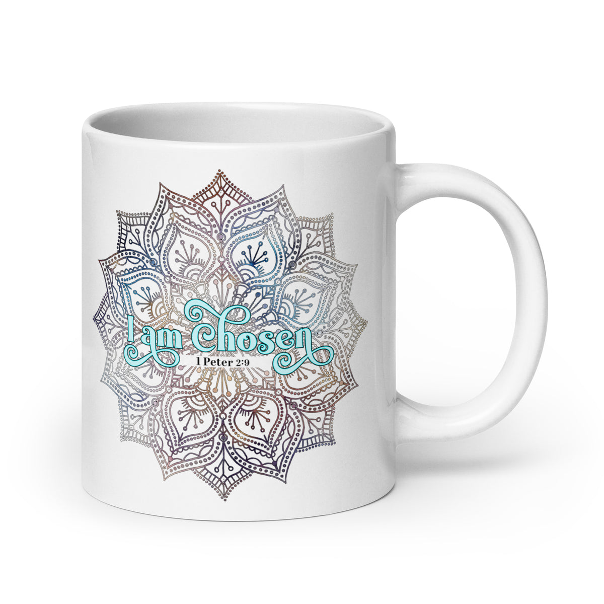 White glossy 20 oz mug with the I Am Chosen 1 Peter 2:9 design, handle on the right
