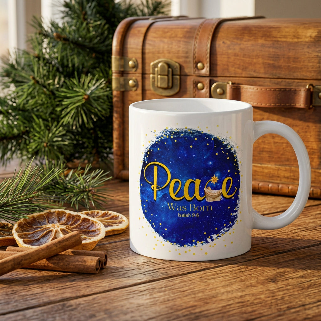 White Peace Was Born Christmas mug on a wooden table beside evergreen branches, dried orange and cinnamon, handle on the right