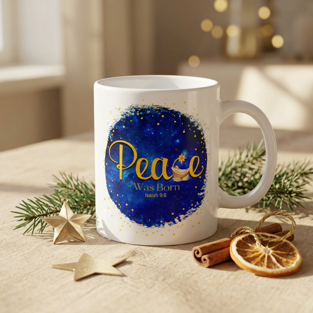 White Peace Was Born Isaiah 9:6 mug surrounded by evergreen branches, gold stars, cinnamon and dried orange, handle on the right